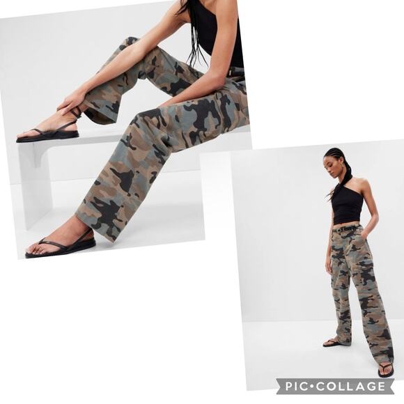 Gap Loose Khaki Cargo Pants Mid Rise Wide Leg Green Camo Print Women's Size 6 - Picture 1 of 7